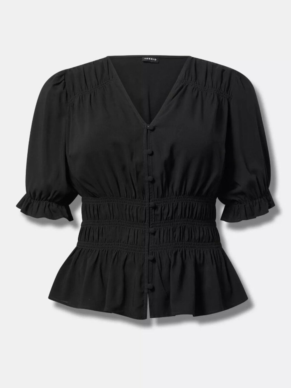 Torrid Black Blouse Size 0 L/12 V-Neck Puff Sleeve Smocked Waist Cottagecore